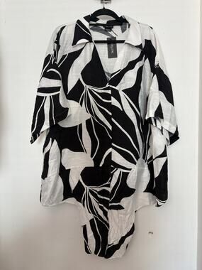 City Chic Black White Palm Print Tie Front Shirt Size L NWT